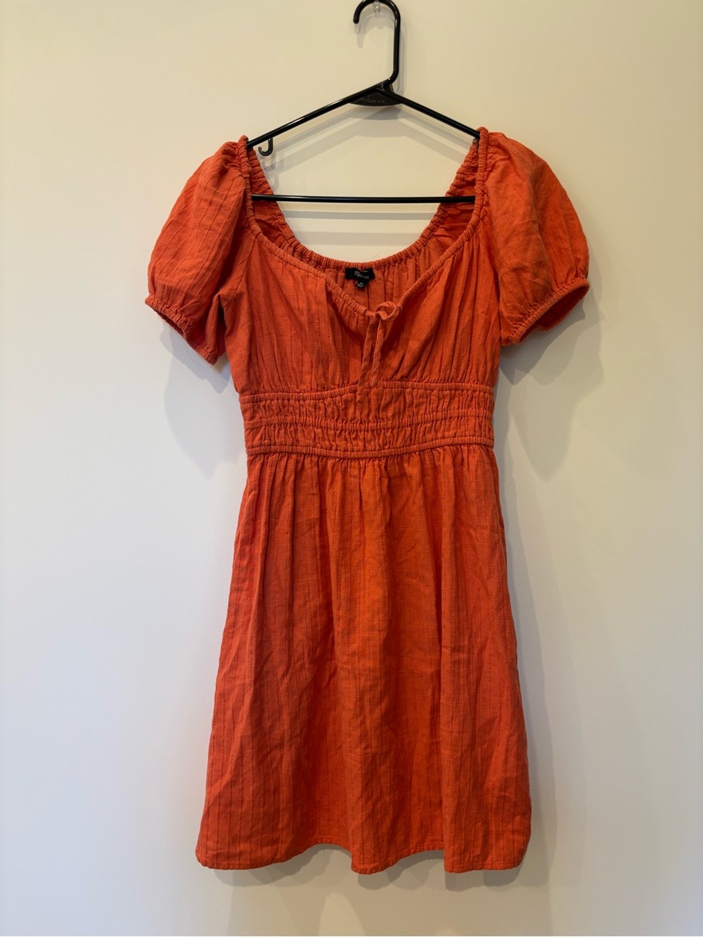 Madewell Women's Orange Puff-Sleeve Smocked Waist Mini Dress